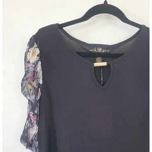 80 Park Womens XL Blouse Mesh‎ Floral Rouched Sleeve Stretch Black Dressy Office